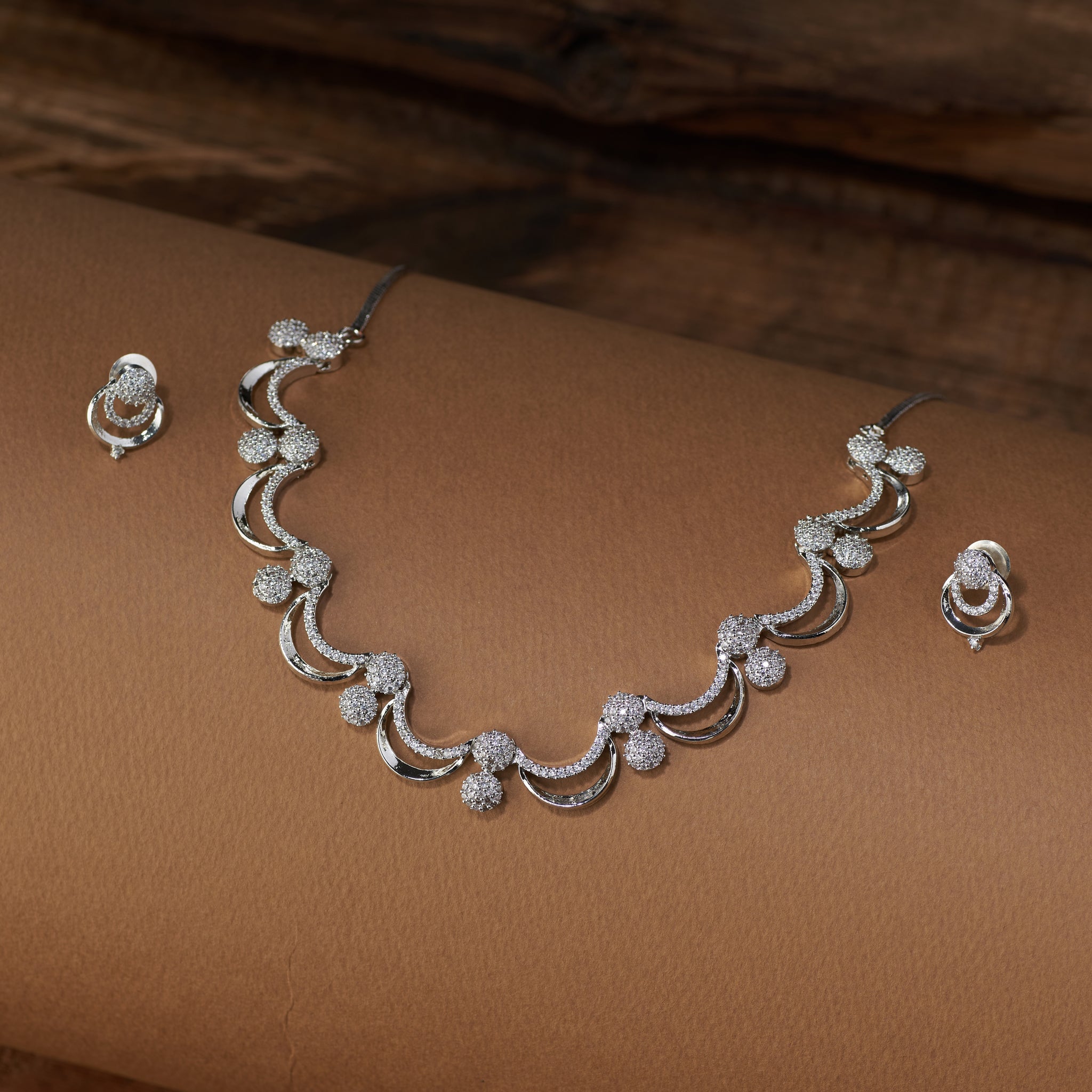 Lightweight CZ diamond jewellery set with designer necklace and earrings"