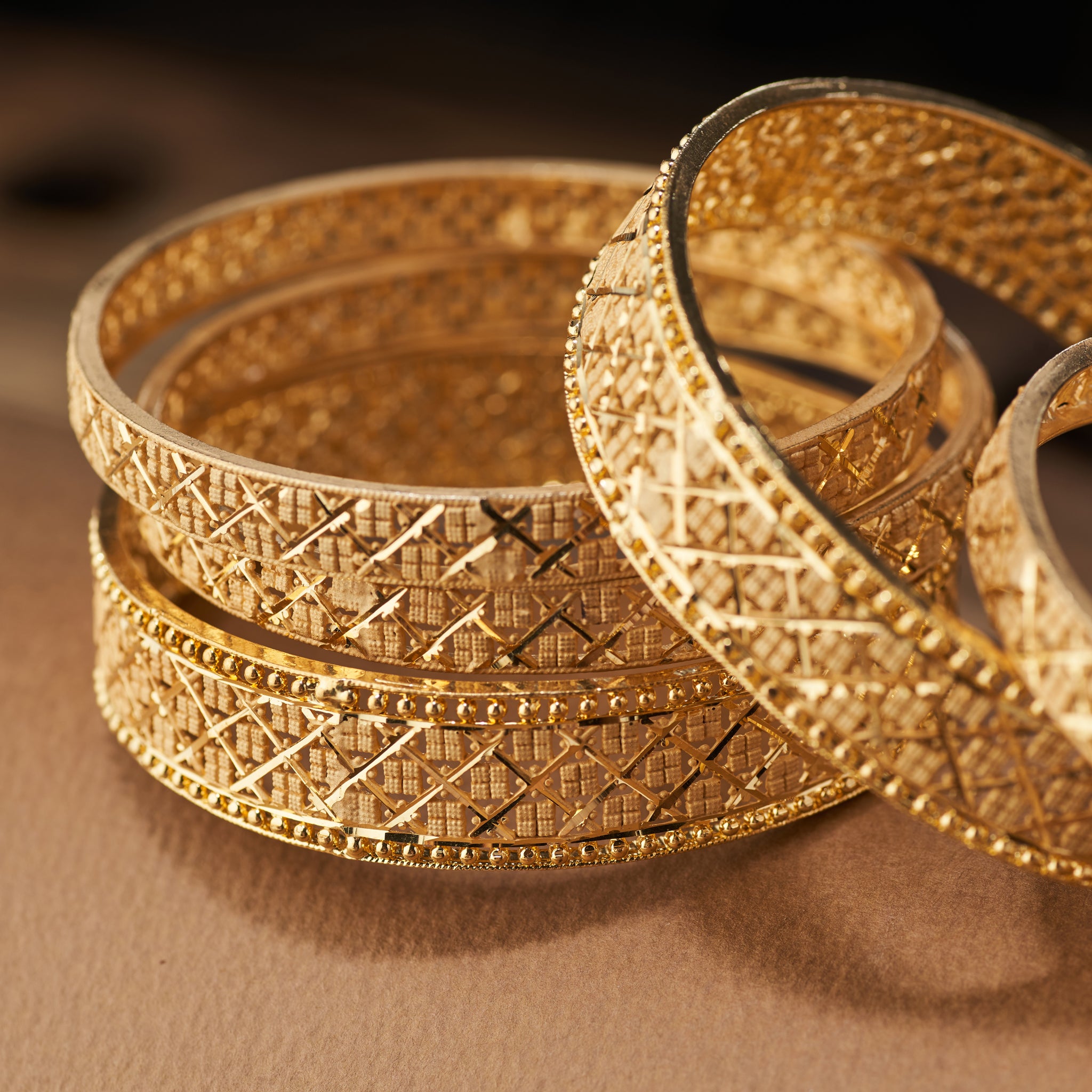 Gold forming replica bangles set of 6 with intricate lattice design – traditional jewellery for weddings, parties, and festive occasions.