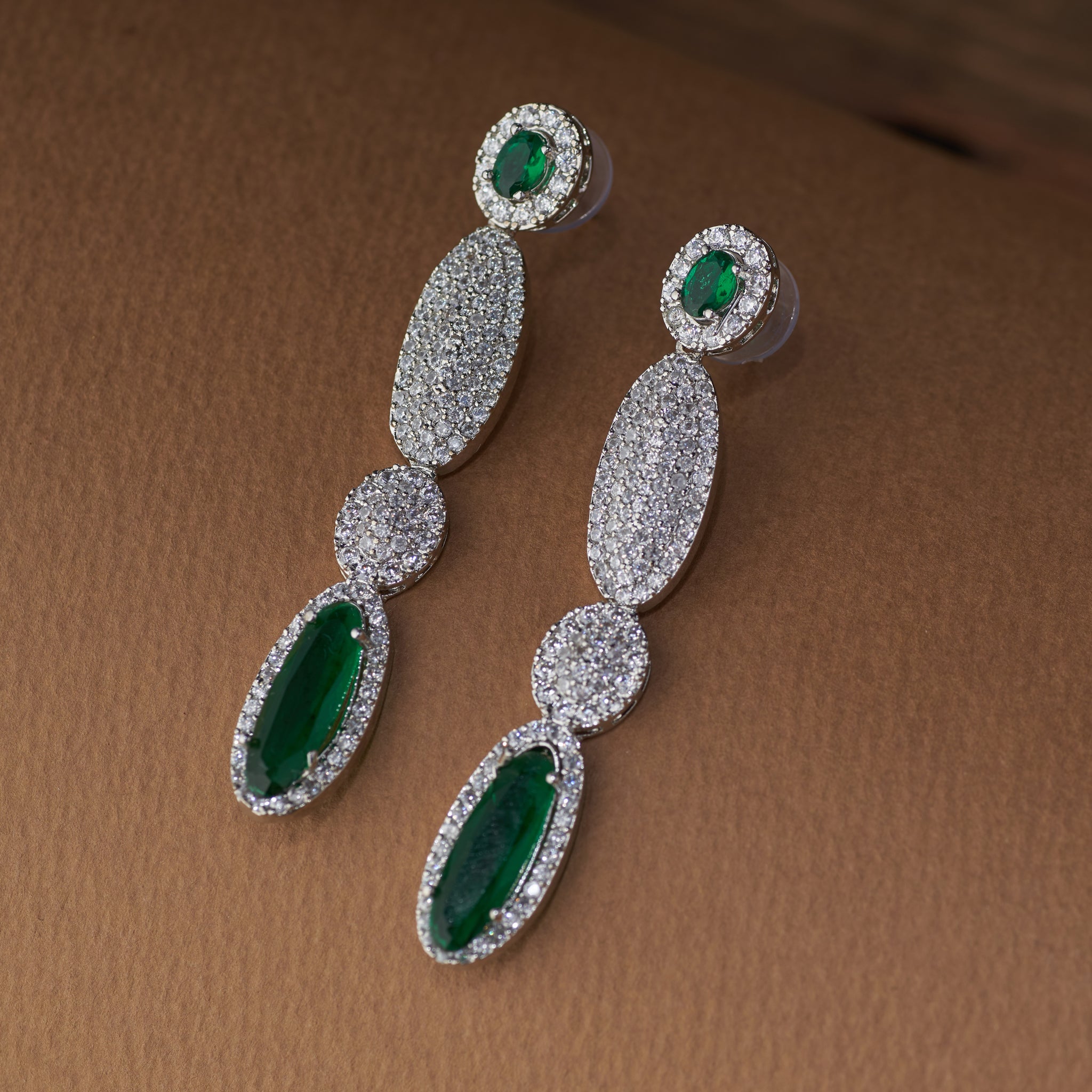 Elegant Emerald & American Diamond Necklace Set with Long Earrings – Party Wear