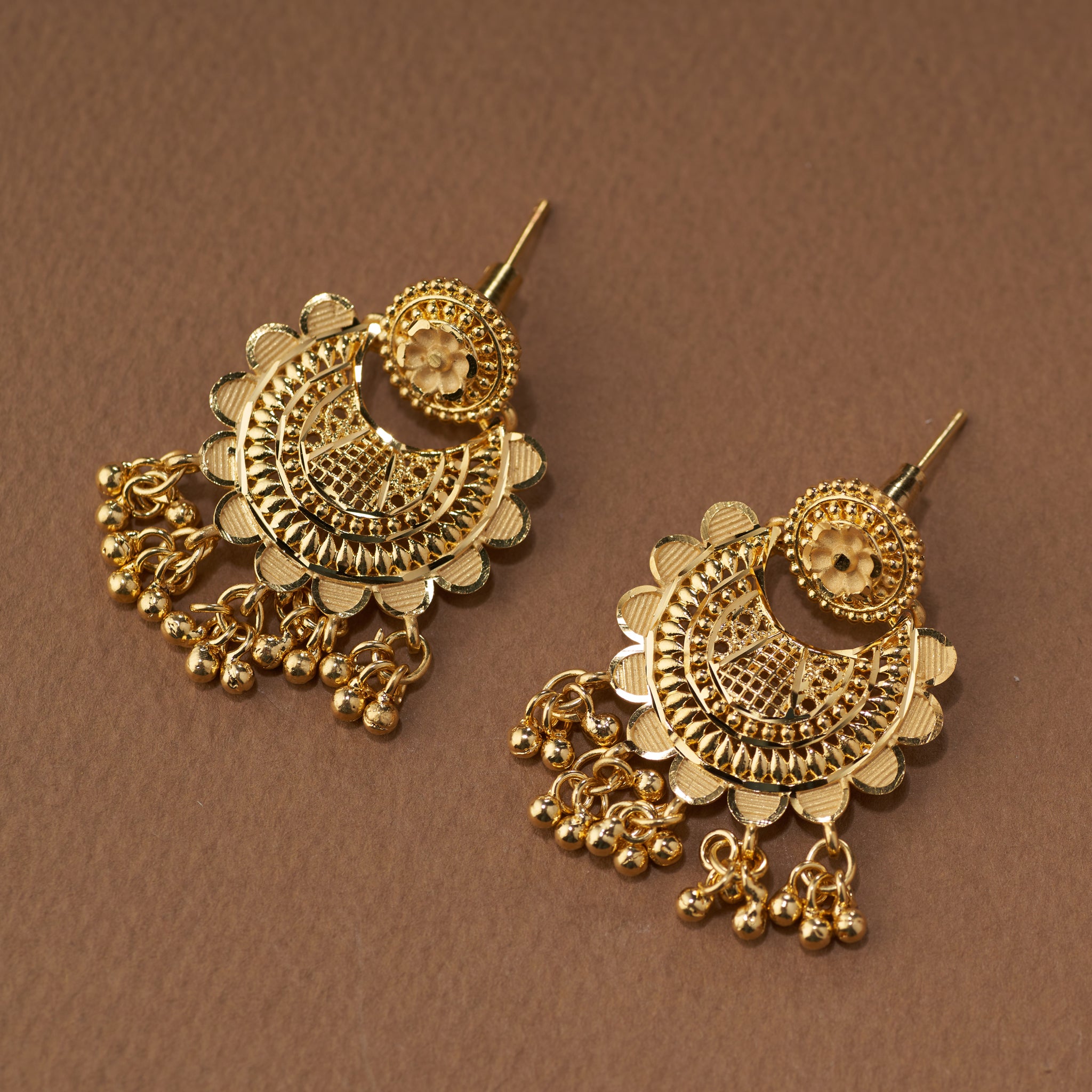 Pair of gold earrings. Gold necklace with matching earrings. Gold Replica Rani Har Necklace Set | Rumika by Tilloma.