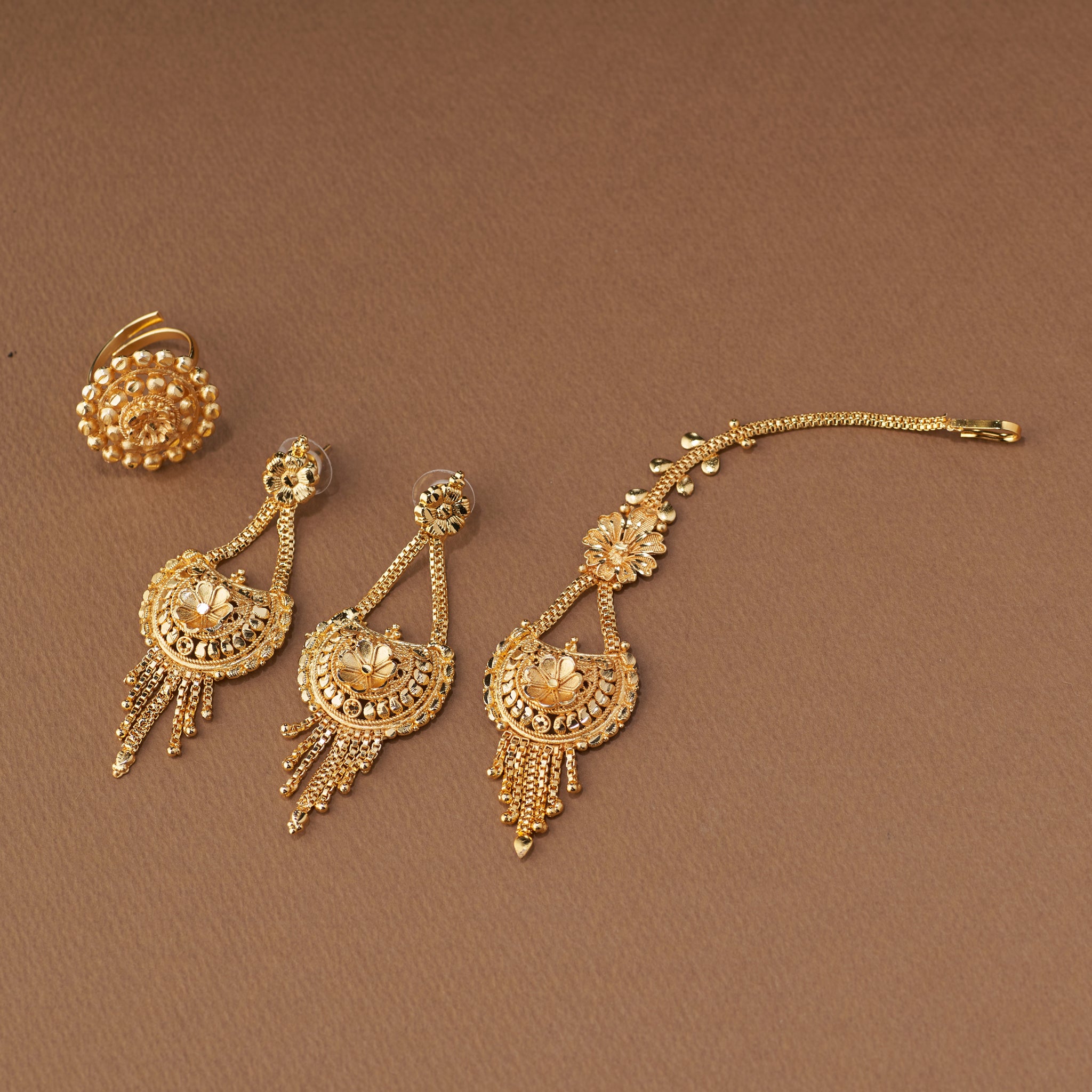 Bridal Jewellery Combo – Long & Short Necklace with Earrings, Maangtika & Finger Ring