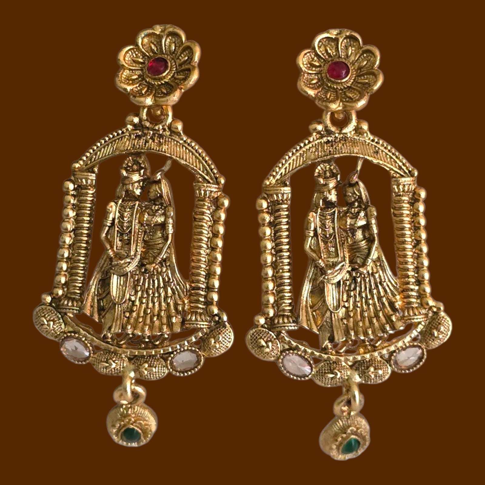 Radha Krishna Temple Earrings – Traditional Gold-Plated Jhumka for Special Occasions