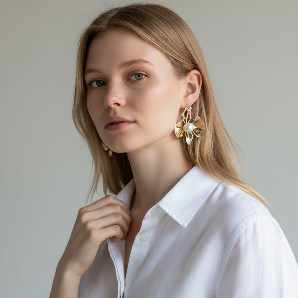 Tilloma™ Pearl Bloom Statement Earrings – Anti Tarnish Waterproof Gold Floral Drop Earrings