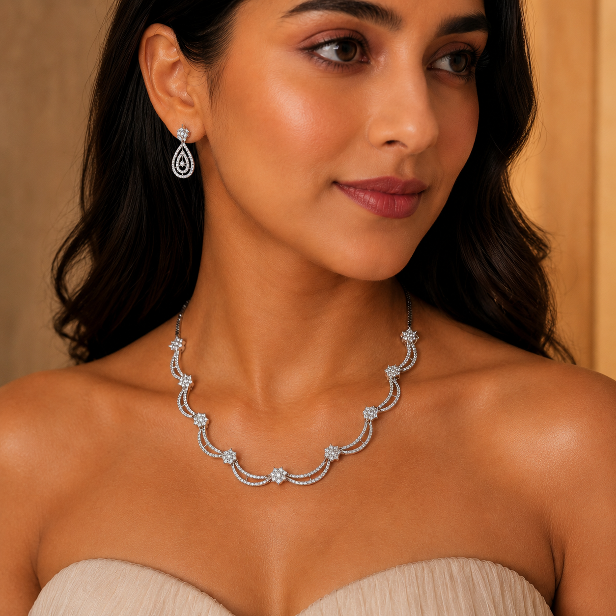 American Diamond CZ Necklace Set with Matching Stud Earrings | Lavena By Tilloma