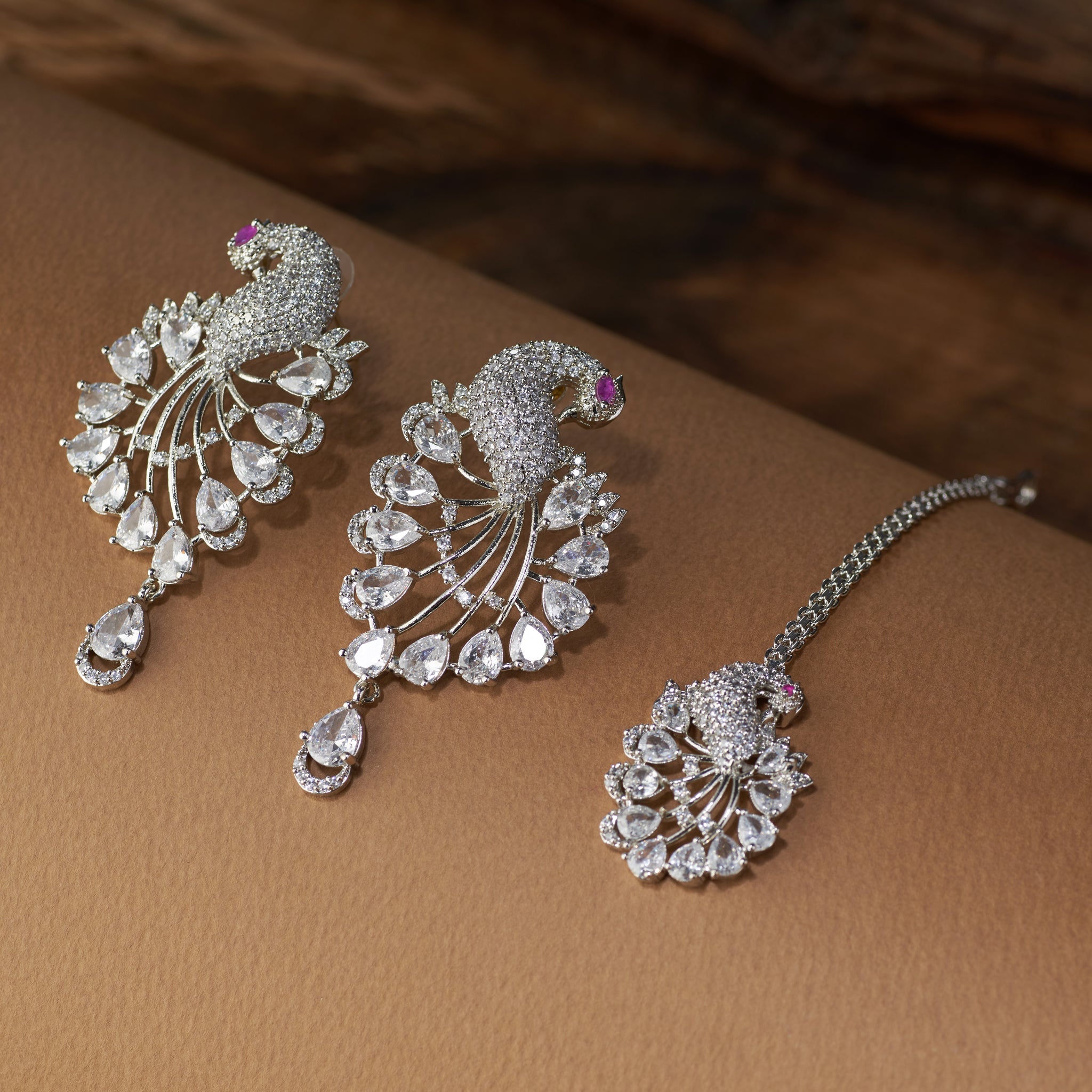 Peacock design American diamond necklace set with earrings and maang tikka – bridal and party wear jewellery