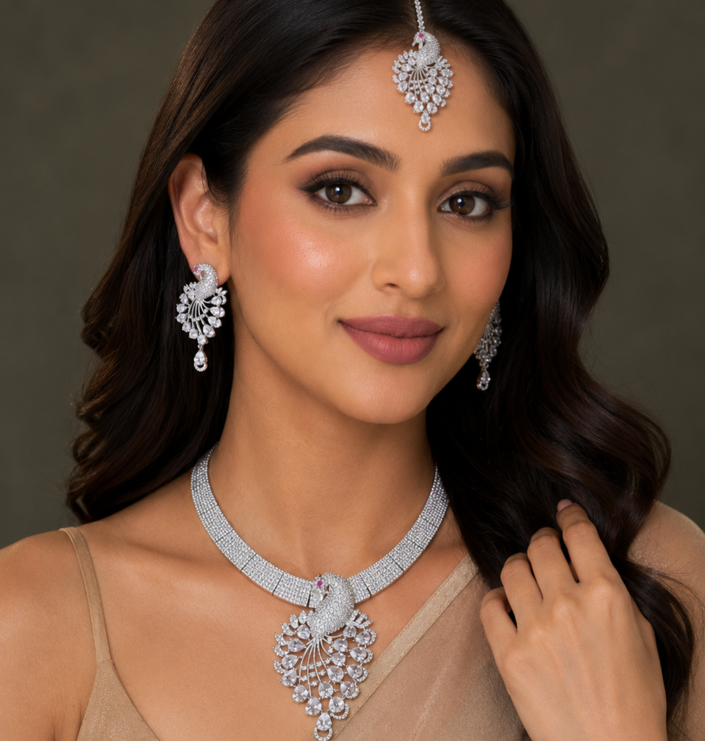 Luxury Peacock Design American Diamond Necklace Set with Earrings & Maang Tikka – Bridal & Party Wear