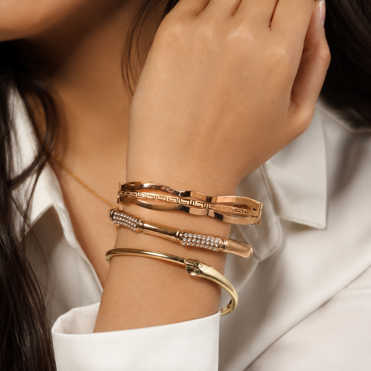 Tilloma™ Trinity Luxe Anti-Tarnish Bracelet Combo (Set of 3) – 3-Tone, Crystal & Gold Stack