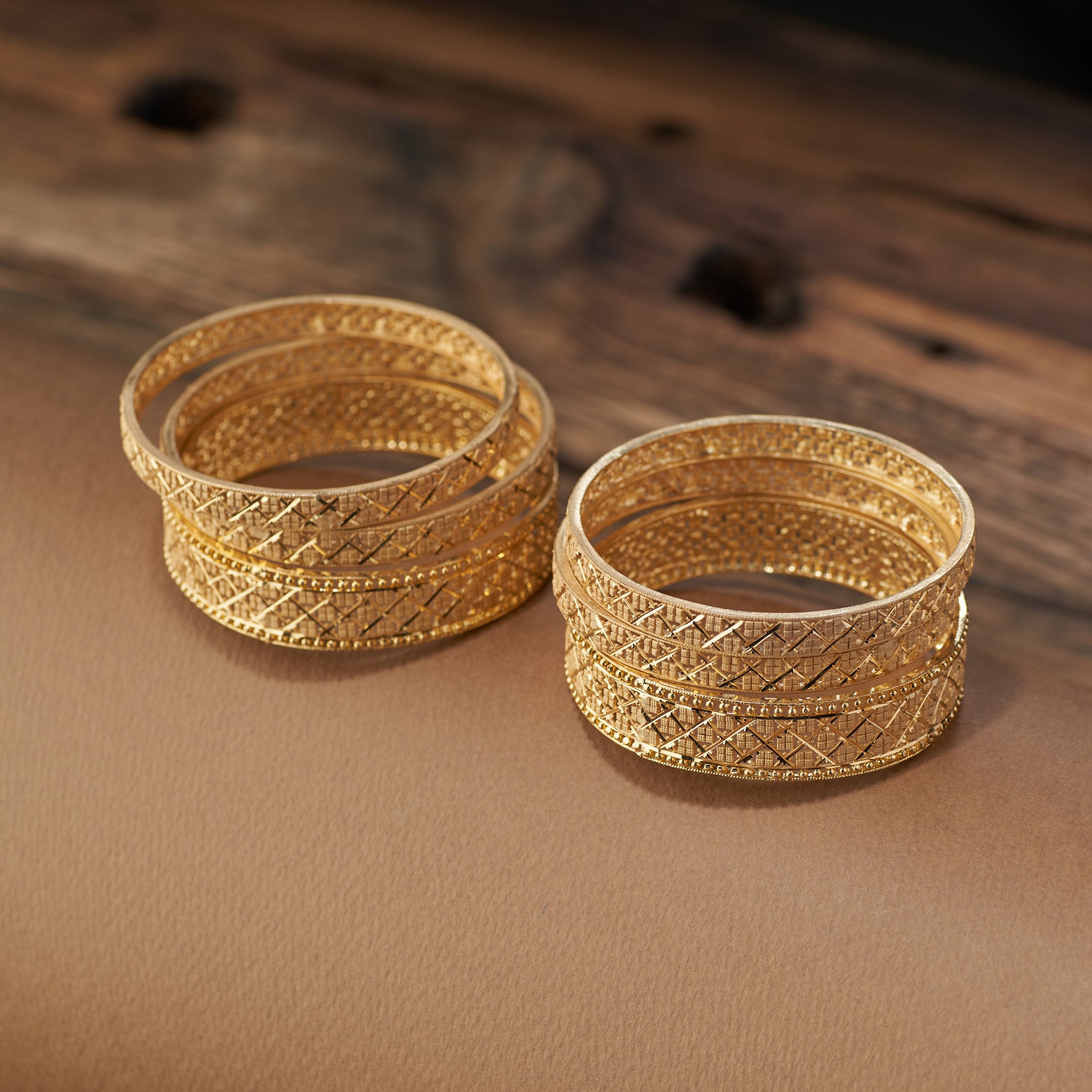 Gold forming replica bangles set of 6 with intricate lattice design – traditional jewellery for weddings, parties, and festive occasions.