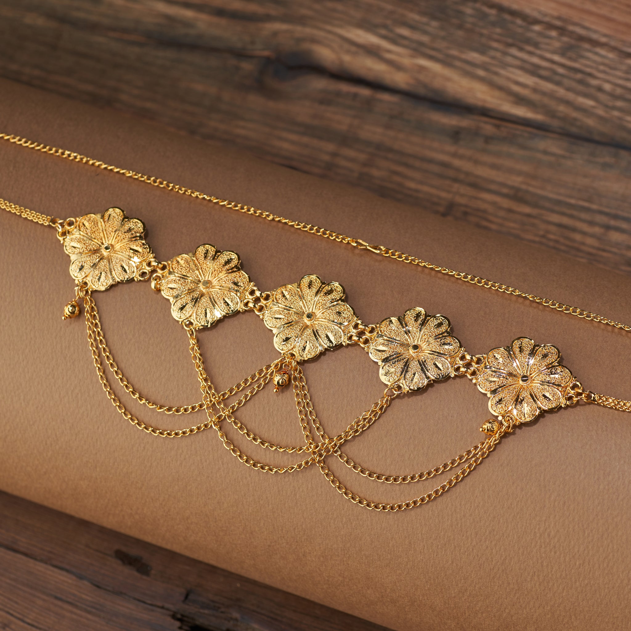 Gold Plated Floral Waistband with Layered Chains | Traditional Kamar Patta for Women
