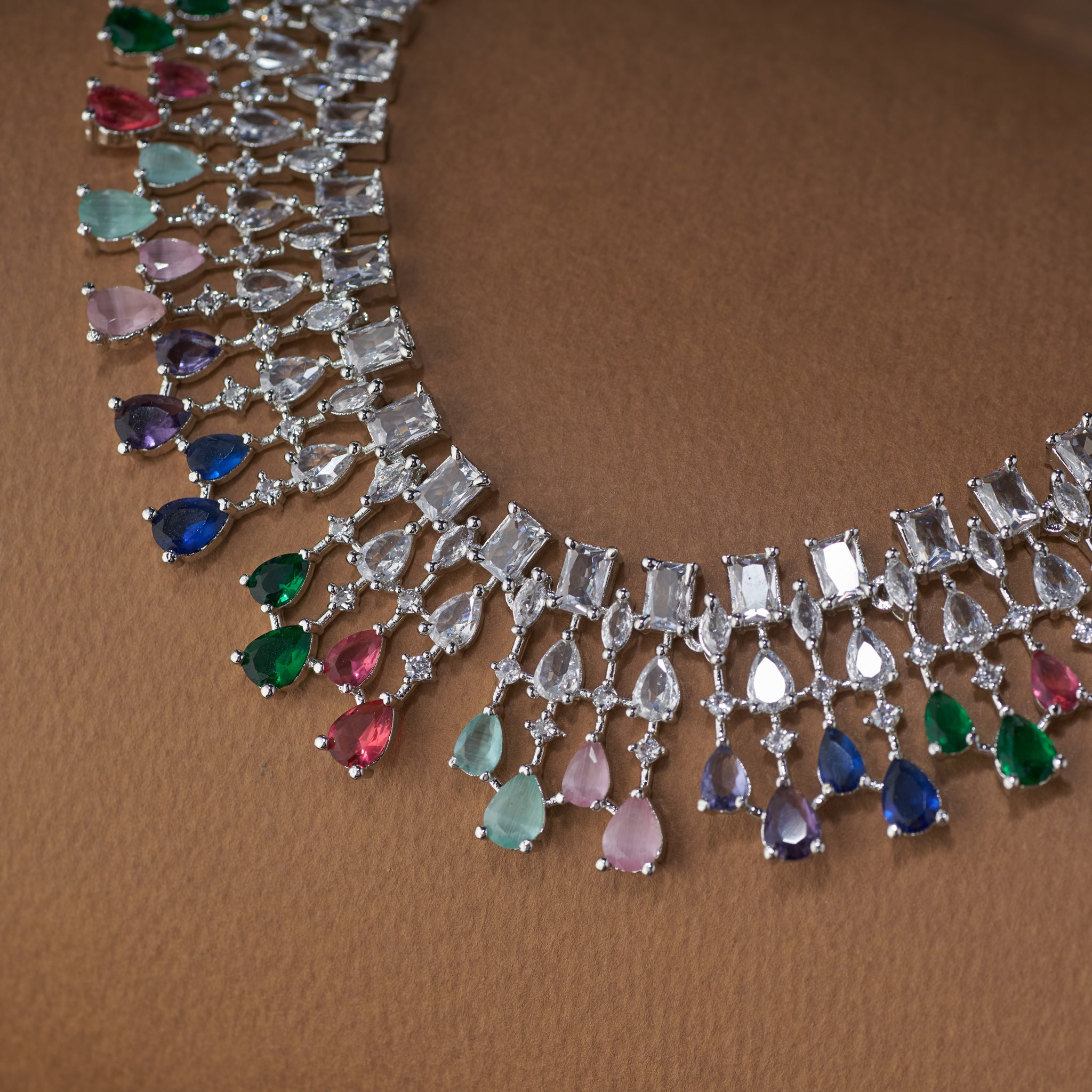 American diamond silver plated multi colour bridal set with earrings and maang tika.