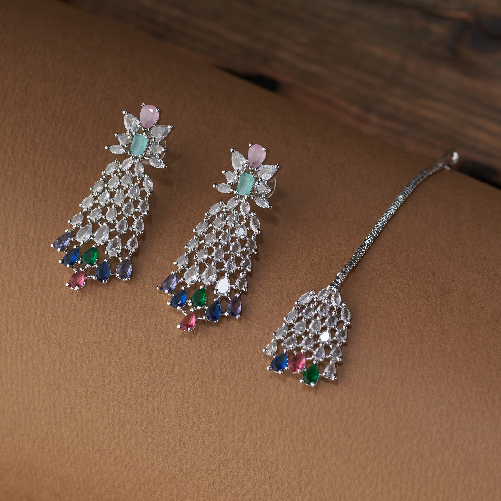 American diamond silver plated multi colour bridal set with earrings and maang tika.