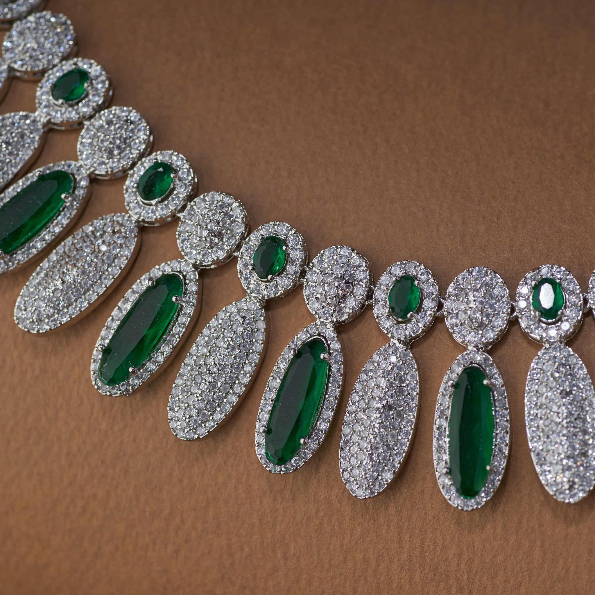 Elegant Emerald & American Diamond Necklace Set with Long Earrings – Party Wear