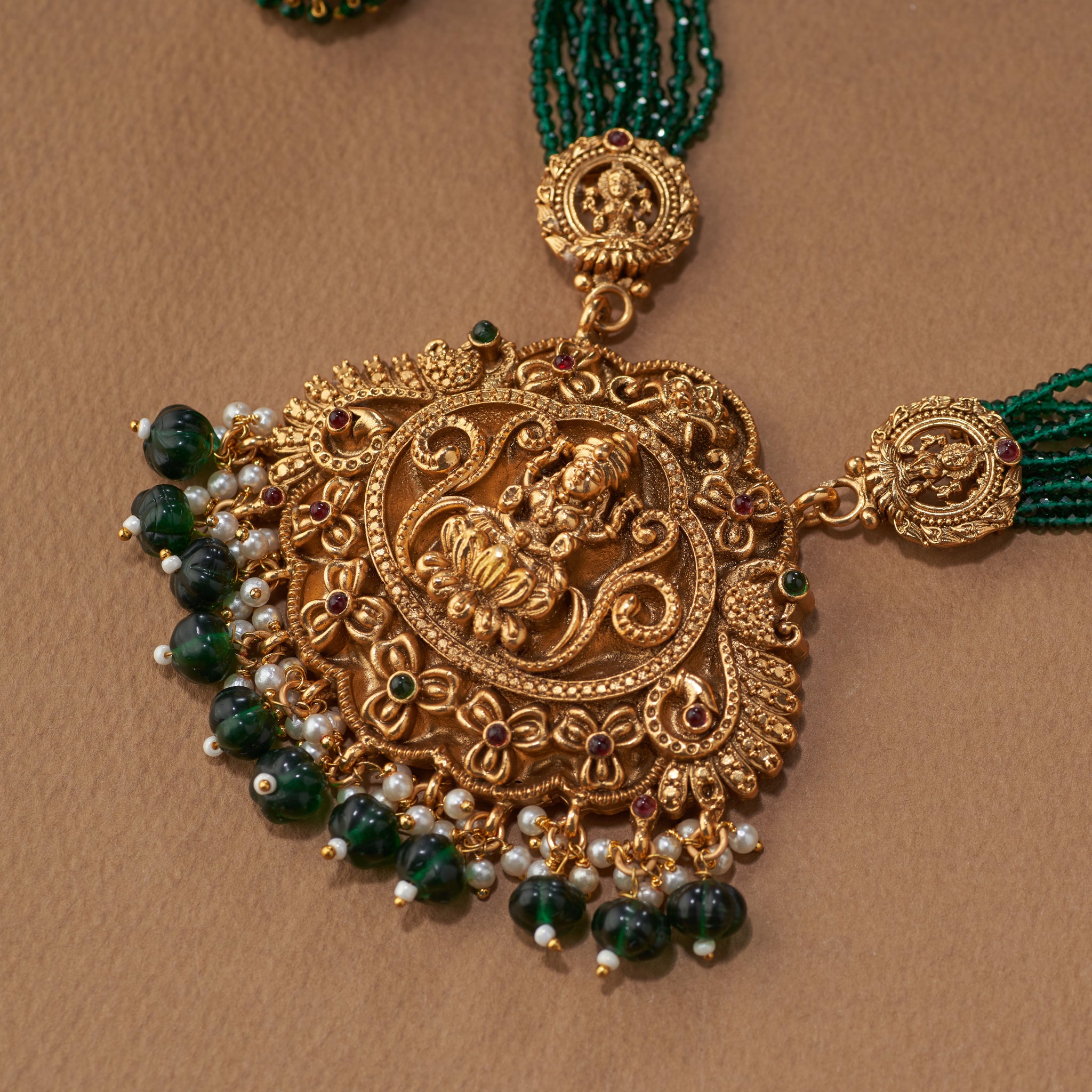 Emerald green beads South Indian Temple Lakshmi necklace and earrings Matt gold finish.