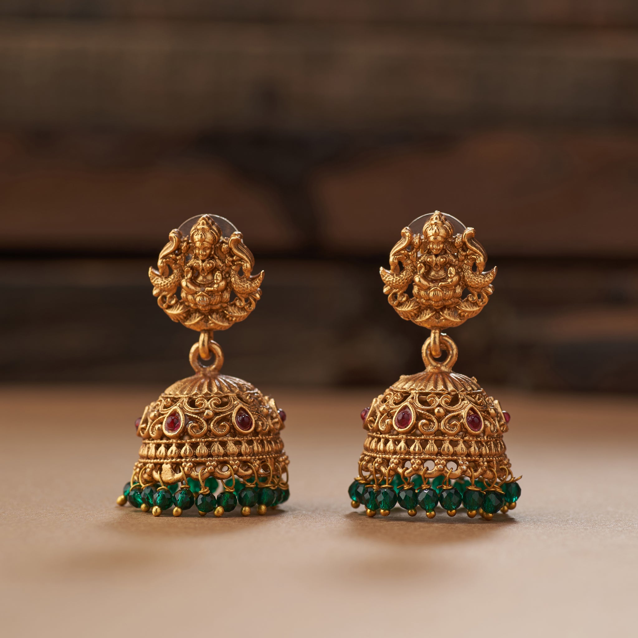 Emerald green beads South Indian Temple Lakshmi necklace and earrings Matt gold finish.