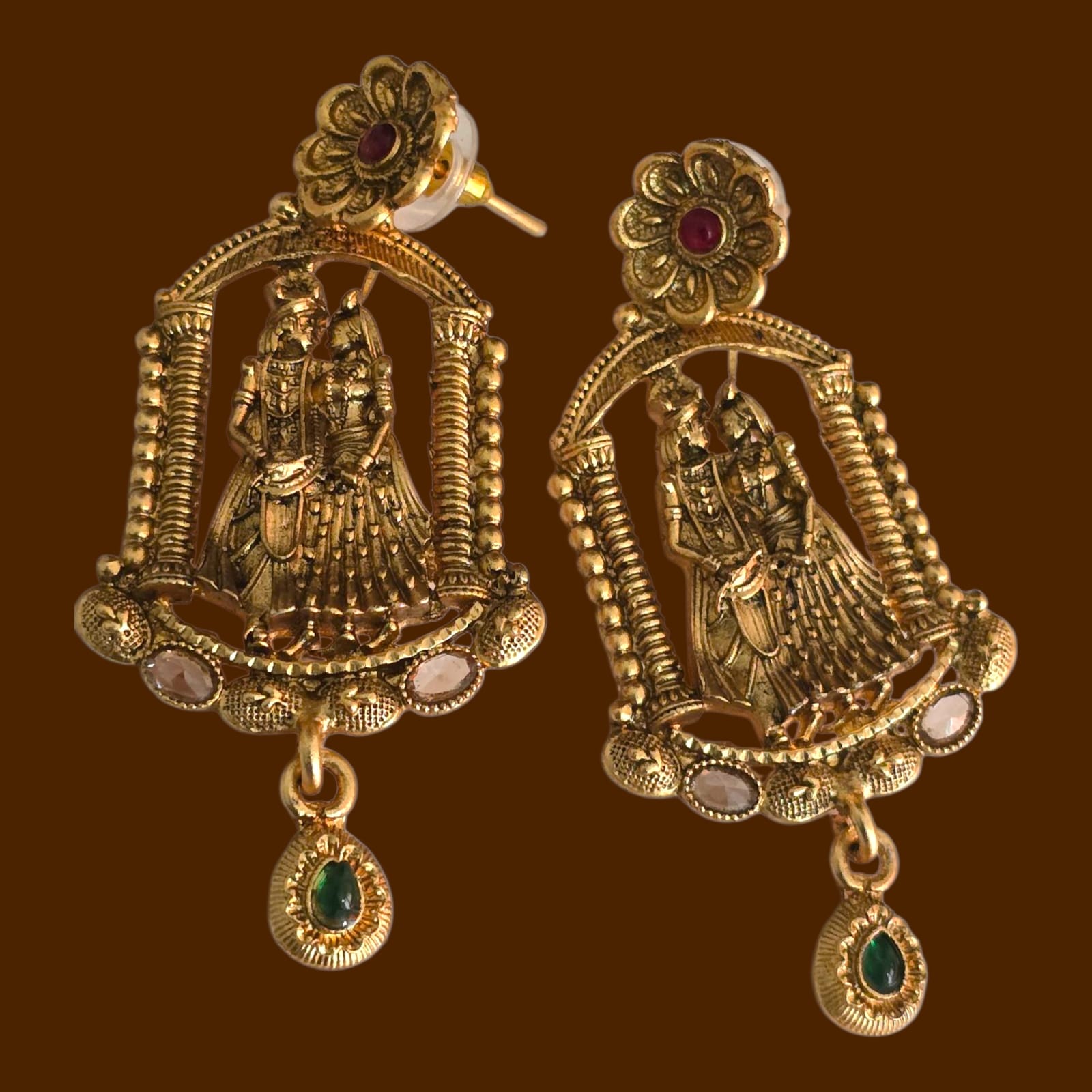 Radha Krishna Temple Earrings – Traditional Gold-Plated Jhumka for Special Occasions