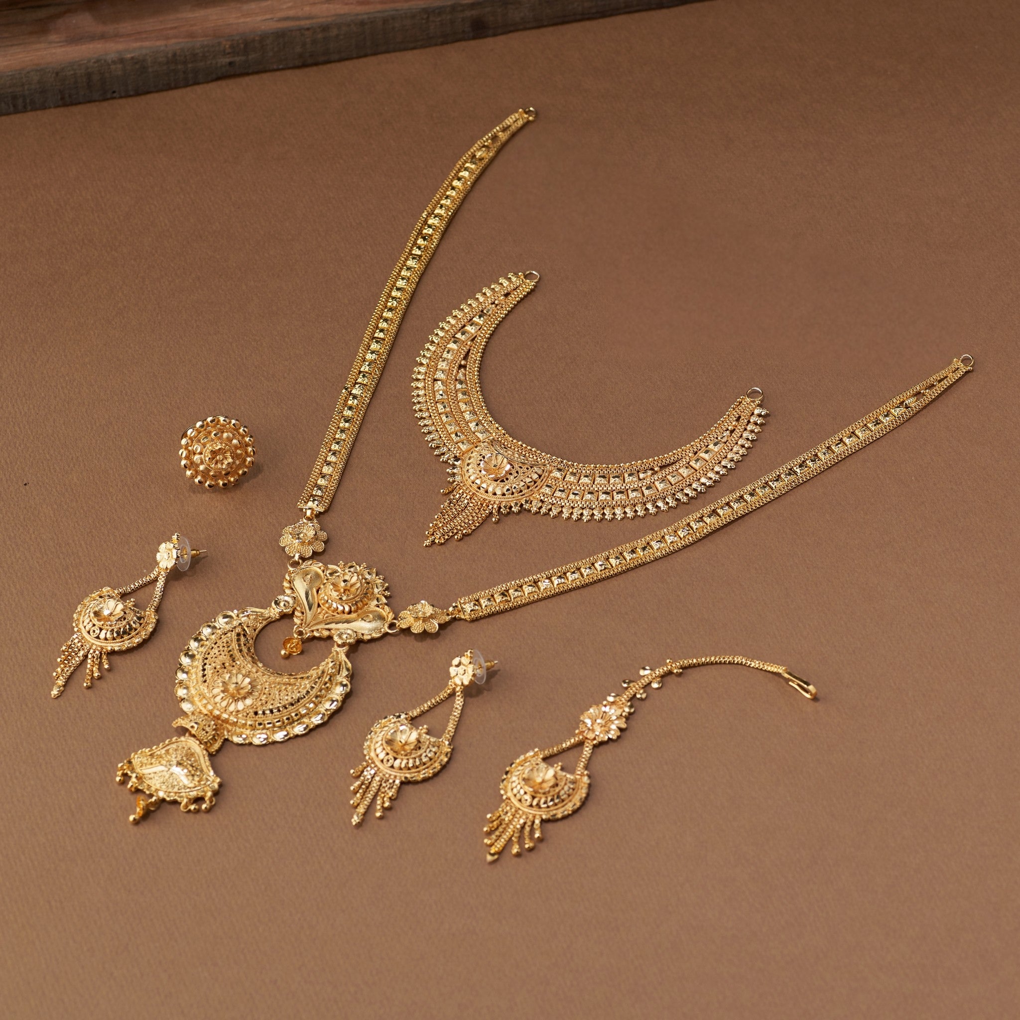 Bridal Jewellery Combo – Long & Short Necklace with Earrings, Maangtika & Finger Ring
