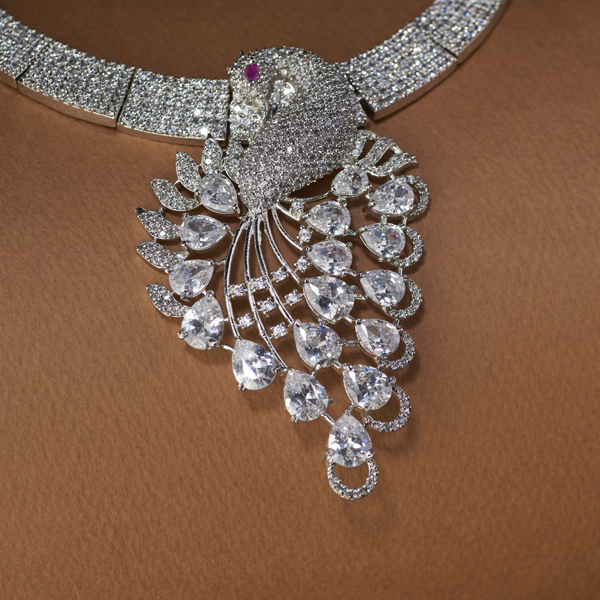 Peacock design American diamond necklace set with earrings and maang tikka – bridal and party wear jewellery
