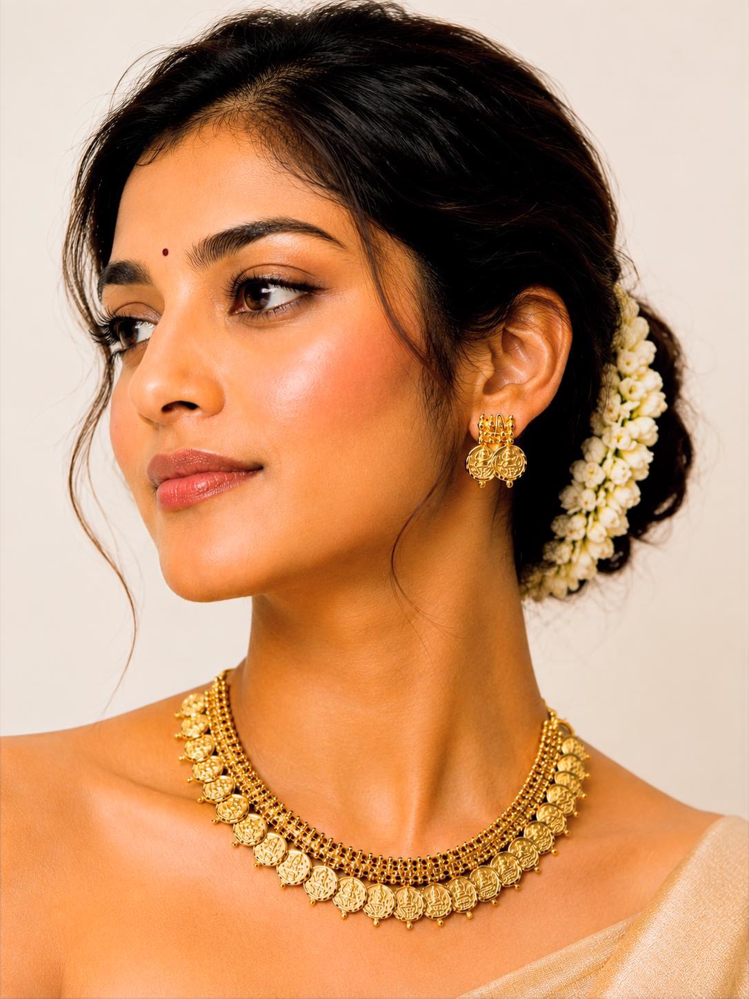 Traditional Gold Plated Coin Necklace Set with Matching Earrings| Devi by Tilloma